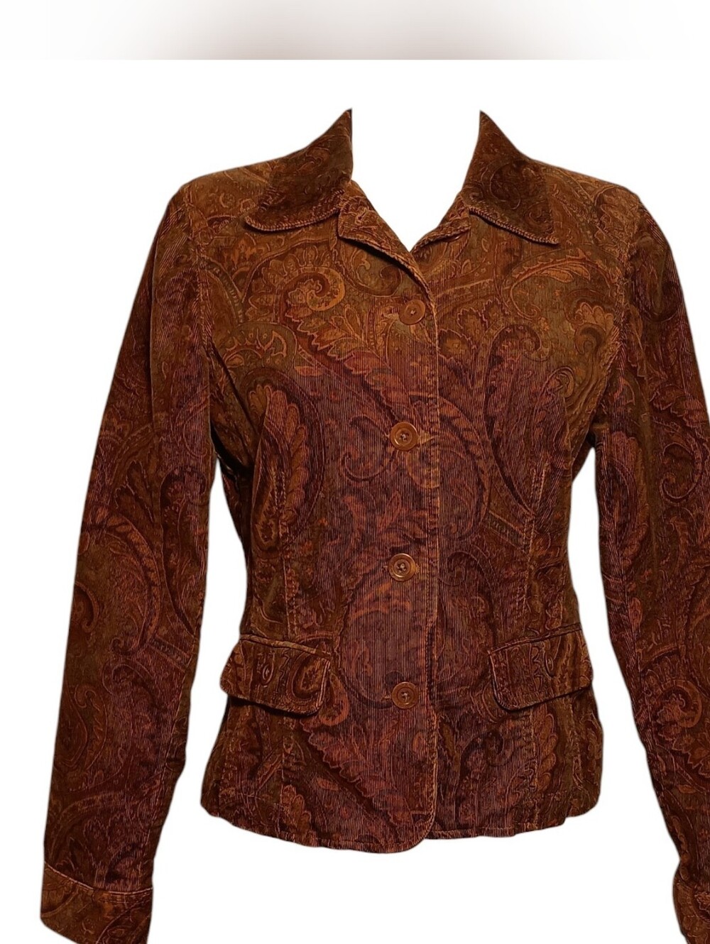 Womens Paisley Corduroy Blazer Sz Small S Boho Academia Prep Autumn Gold Brown